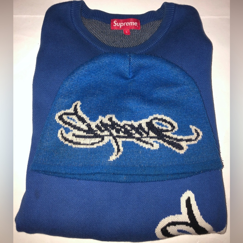 Authentic Supreme Matching Set Men’s Tag Logo Royal Blue Hat And Sweater Size L